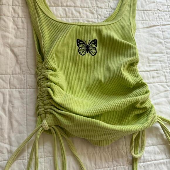 Forever 21 sz small Y2k butterfly embroidered crop top lime ruched ties fairy - Picture 2 of 7